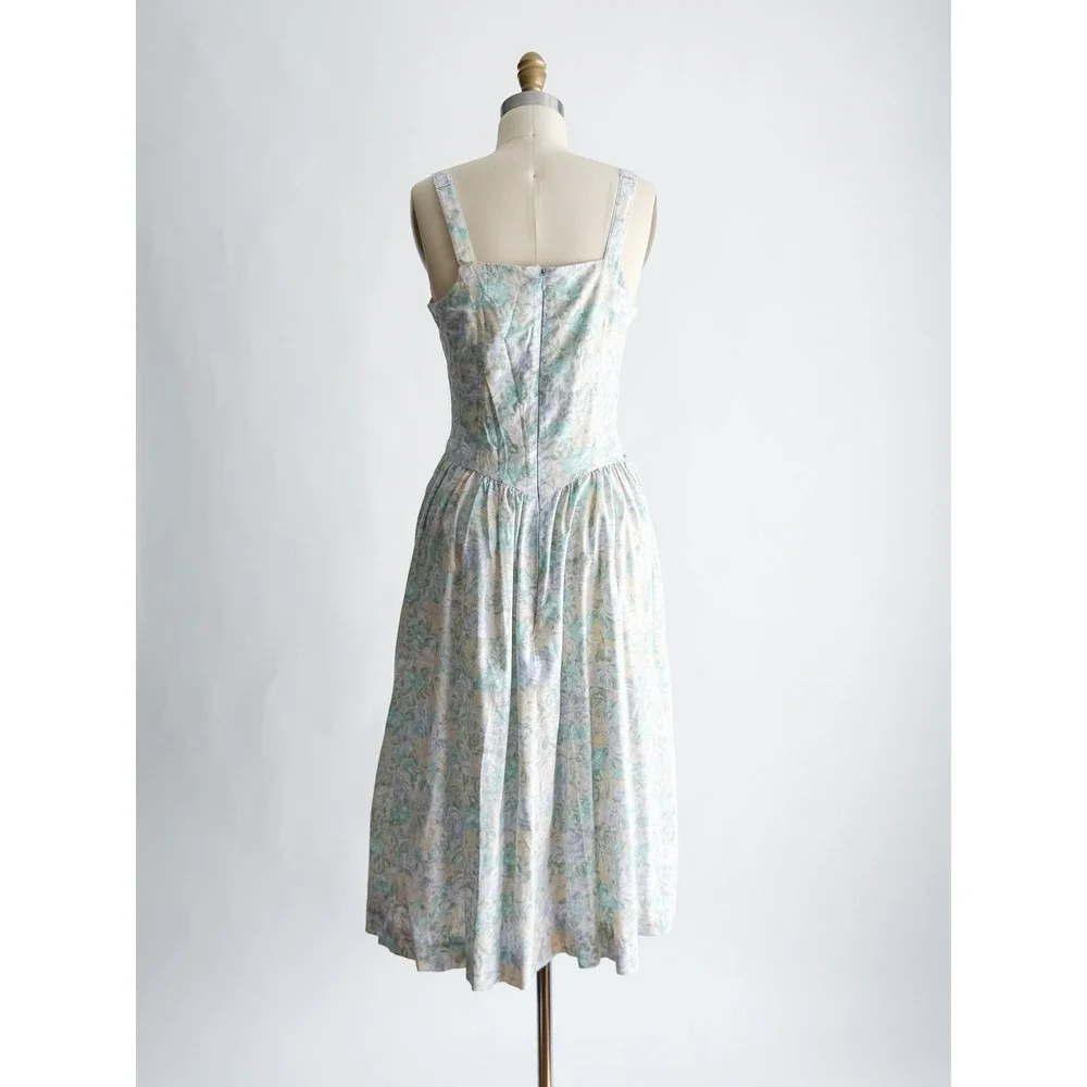 Vintage Floral Midi Dress Cottagecore Pastel Dropped Waist Sweetheart Blue Green